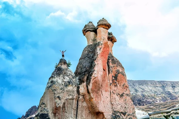 Rock Climber Stands Top Mountain Cappadocia Raised His Hands Magic — Stock Photo, Image