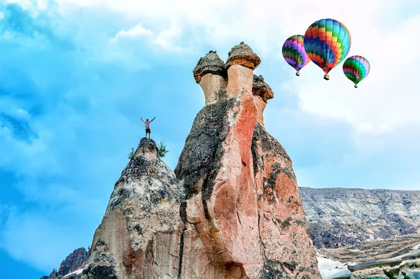 Three Multi Colored Balloons Fly Mountains Cappadocia Magic Forms Sandstone — Stock Photo, Image