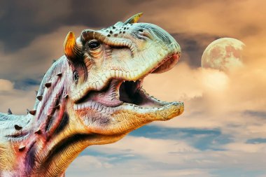 Cool Dinozor arka planda Ay 'ı yemeye çalışıyor.