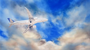 Güzel ve dramatik bulutlardan oluşan bir arka plana doğru havalanan beyaz bir yolcu uçağı. Genişletilmiş iniş takımları