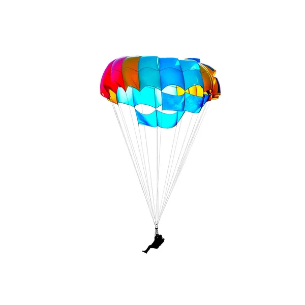 Fallschirmspringer Auf Einem Bunten Fallschirm Isoliert Auf Weißem Hintergrund — Stockfoto