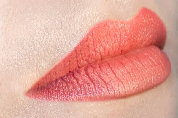 Lippen Rode Lippenstift Sexy Kus Meisje Glimlach Vrouwelijke Mond Dicht — Stockfoto