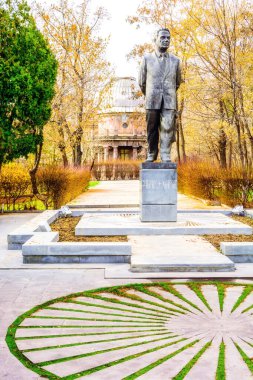 Yerevan, Armenia - March 16, 2020: Monument to Viktor Hambartsumyan in the Park against the background of the Observatory