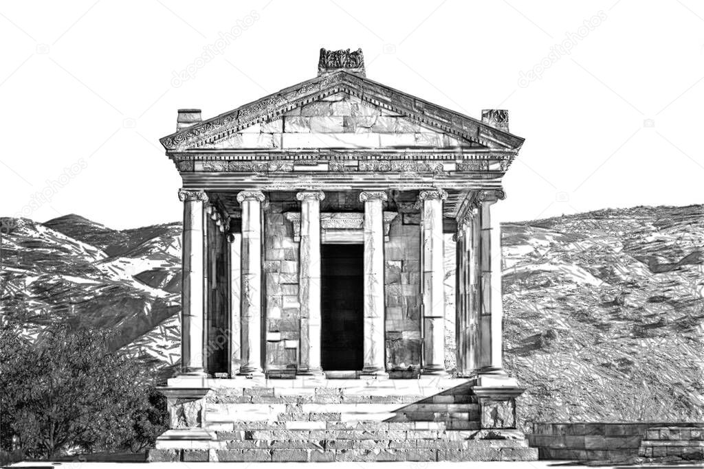 Black and white sketch of hellenistic Garni  temple in Armenia. It is the best-known structure and symbol of pre-Christian Armenia. .UNESCO World heritage site.