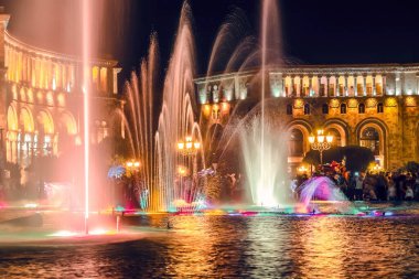 Armenia, Yerevan, 21 September 2020 : Singing and Dancing Fountains in Republic Square in Yerevan. Night city lights show.