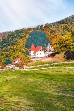 Dağ ormanı manzarası ve kırmızı çatılı beyaz ev, Ermenistan