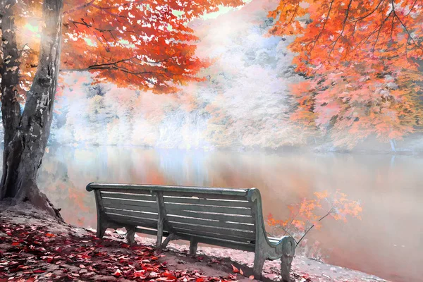 Benches at lake Parz Lich (clear lake) in Dilijan, Armenia, Autumn landscape