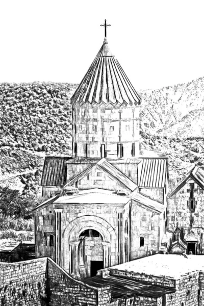 Black White Sketch Oftatev Monastery Armenia — kuvapankkivalokuva