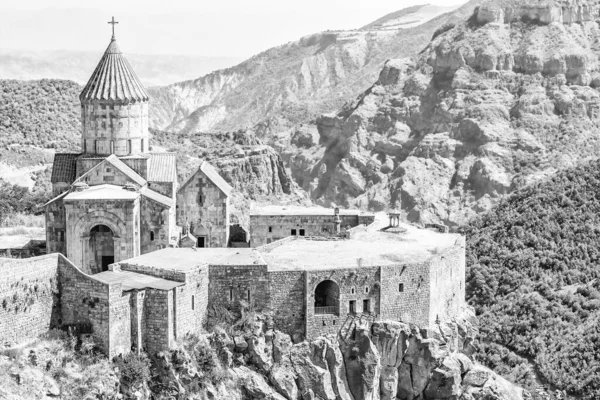 Luchtfoto Van Het Tatev Klooster Armenië Zwart Wit Afbeelding — Stockfoto