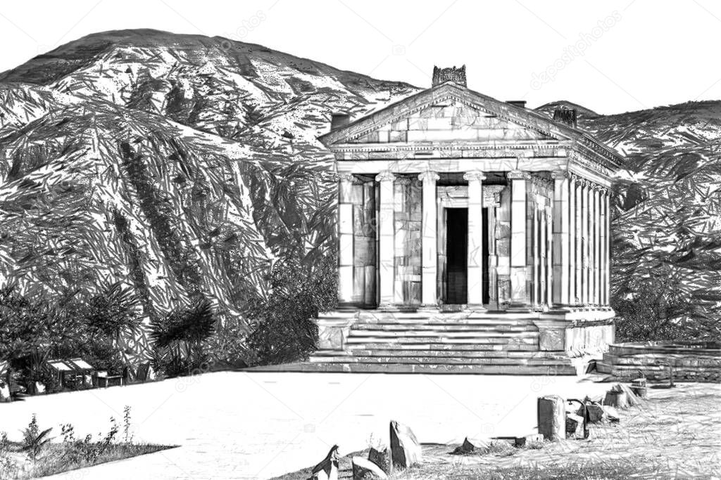 Black and white sketch of Garni  temple in Armenia. It is the best-known structure and symbol of pre-Christian Armenia. .UNESCO World heritage site.