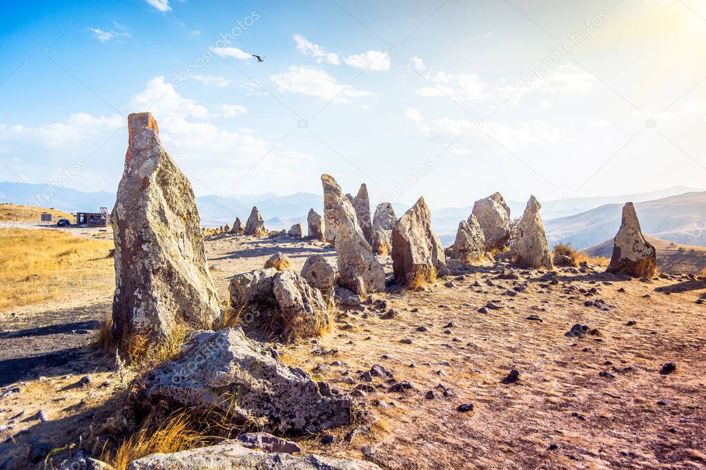 Megalithic standing stone of Zorats Karer or Carahunge - prehistoric monument in Armenia