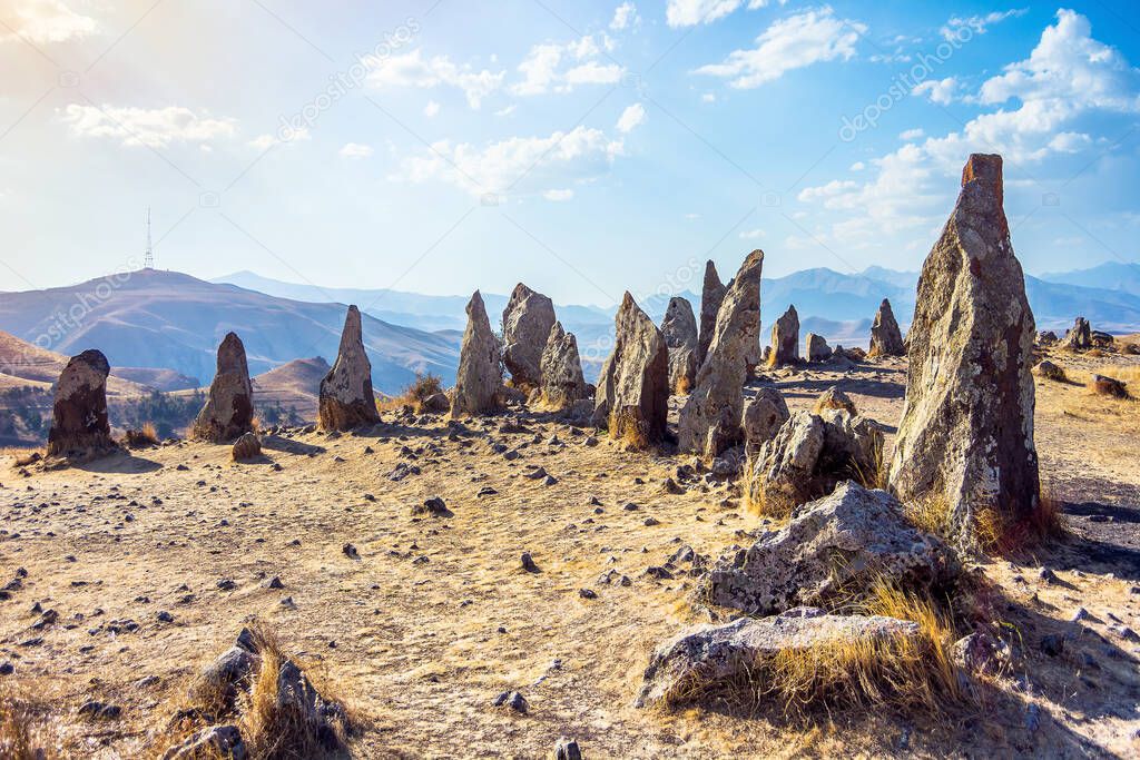 Megalithic standing stone of Zorats Karer or Carahunge - prehistoric monument in Armenia