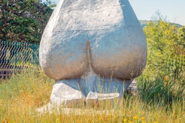 Tsakhkadzor, Armenia - June 21, 2021: Interesting and creative monument of 1973 in Tsaghkadzor. Close up. Back view