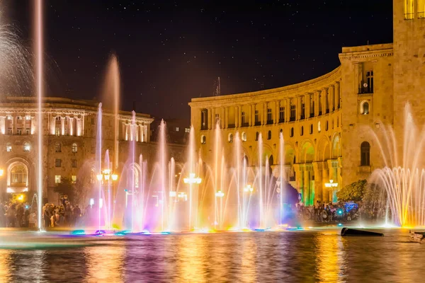 Armenia, Yerevan, 21 September 2020 : Singing and Dancing Fountains in Republic Square in Yerevan. Night city lights show.