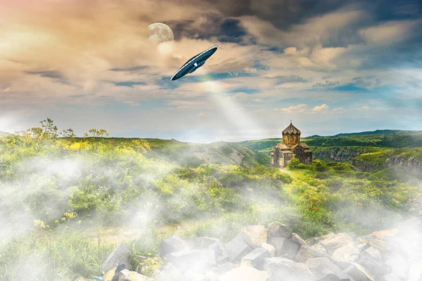 3D image. A UFO flies over the old church and illuminates it with a beam on the background of a beautiful landscape and a sunset sky, fog in the foreground, 3D illustration