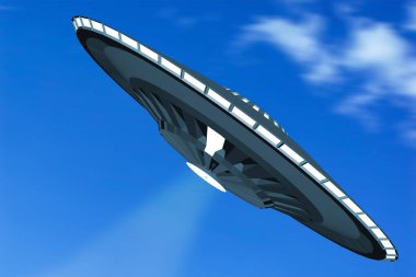 UFO bulutların altında gökyüzünde uçar, 3 boyutlu illüstrasyon