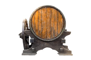 Old barrel on stand isolated on a white background, Front view