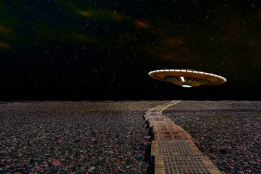 UFO gece kayalık sahillere iniyor.