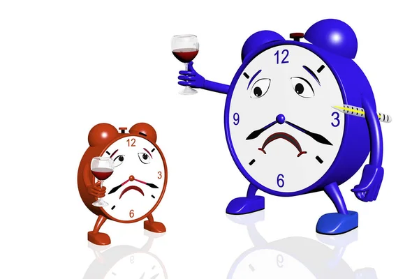 Two sad alarm clocks drink red wine and look at each other. The image is isolated on a white background. 3D illustration.