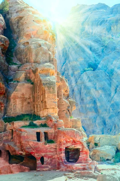 Caves Dwellings Carved Rose City Petra Jordan One New Seven — Fotografia de Stock