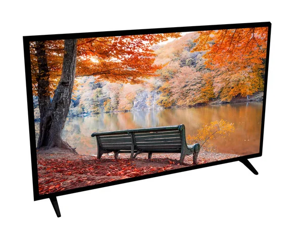 TV with the image of the Clean Lake (Parz Lich) and a bench on the shore in Armenia, isolated on a white background