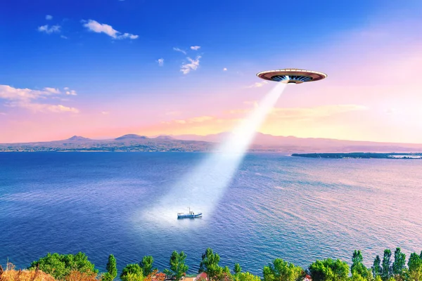 UFO flies over the lake and shines  its beam on ship, 3D illustration