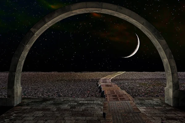 Weg Het Nachtstrand Leidt Naar Horizon Tegen Sterrenhemel Grote Maan — Stockfoto