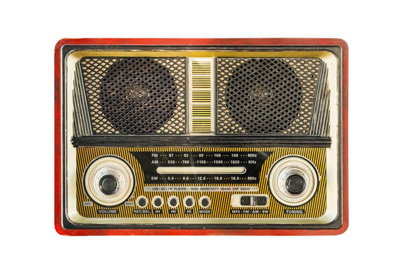 Vintage style retro radio isolated on white background. Front view