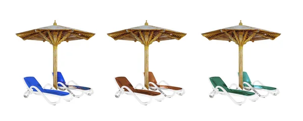 Beyaz Arka Planda Izole Edilmiş Renkli Şemsiyeler Plaj Sandalyeleri — Stok fotoğraf