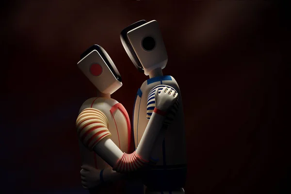 Two humanoid cyborg robots hugging dancing tango. Romantic image on a dark background. 3D render illustration