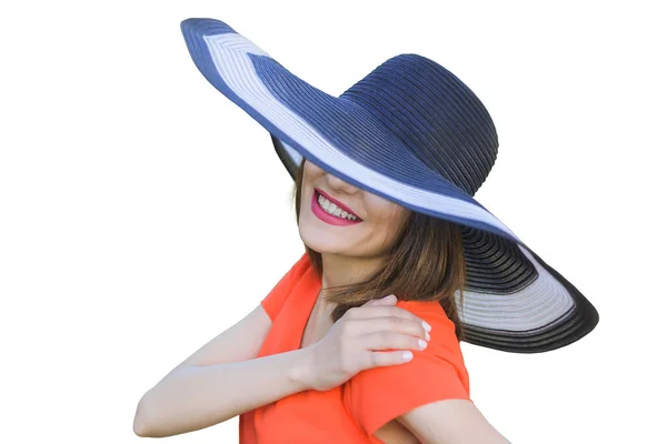 Happy Young Woman Closed Eyes Girl Wearing Summer Hat Isolated — Stock Fotó