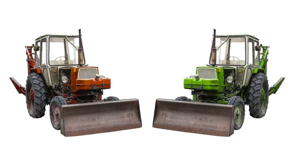 Piros Zöld Traktorok Elszigetelt Fehér Háttérrel Pontos Izoláció — Stock Fotó
