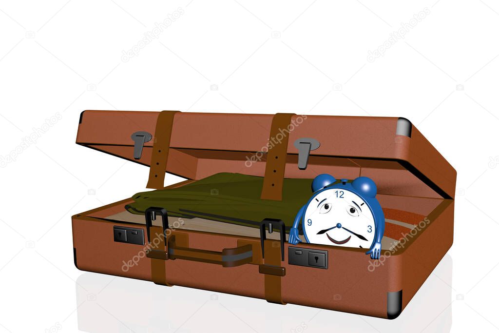 A smiling alarm clock looks out of the suitcase. 3D illustration