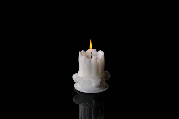White Candle Lit Burning Black Background Antique Column Candle — Stock Photo, Image