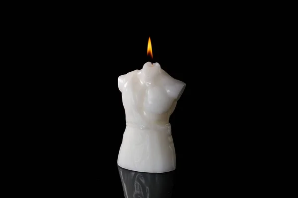 White Candle Lit Burning Black Background Antique Man Torso Candle — Stock Photo, Image