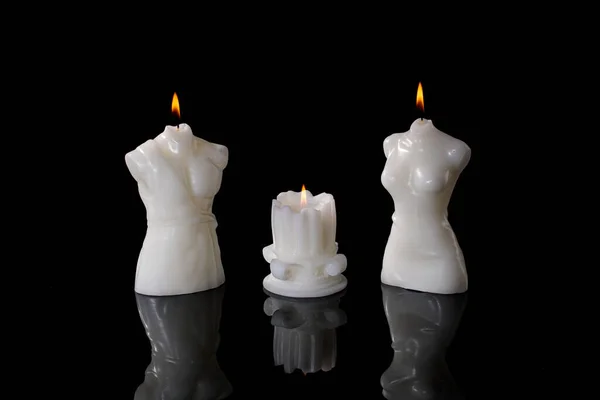 Three White Candles Burning Black Background Candles Shape Antique Column — Stock Photo, Image