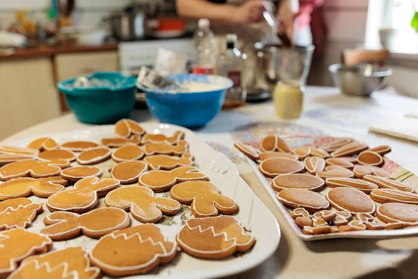 Handmade Easter Gingerbread Cookies White Plate Dark Table Spring Symbols — Foto de Stock