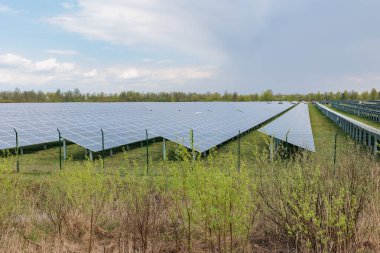 Güneş panelleri gökyüzünün altında çiftliktir. Mavi güneş panelleri. Yenilenebilir enerji için fotovoltaik modüllerin arkaplan temiz enerji yeşil enerji iklim değişikliği ve küresel ısınmayı önlemek için
