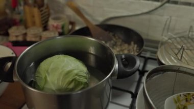 Ev yemeği - Bütün lahana rulosunun tenceresi buharda pişiyor ya da gaz sobasında pişiriliyor.