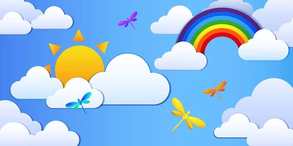 Multicolored Rainbow Icon Butterflies Sun Clouds Blue Sky Background Vector — Stock Vector