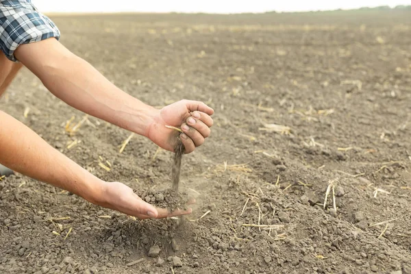 Farmer Hands Hold Handful Fertile Soil Pour Other Hand Concept — Fotografia de Stock