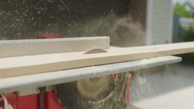 Yuvarlak testereyle bir barı kesmek. Ahşap işleme. Talaş uçuyor..
