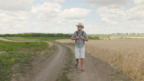 Thoughtful Man Walk Hiking Rural Road Field Plains Male Tourist — Vídeo de Stock