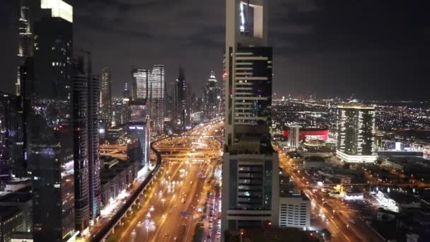 Aerial Night Illuminated City View Sheikh Zayed Road Skyline Skyscrapers — Vídeo de Stock