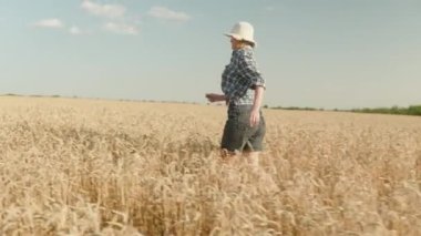 Woman runing fun across the wheat field. agriculture dream concept. girl farmer hands to sides runs across the wheat field. happy free girl run in park agricultural land