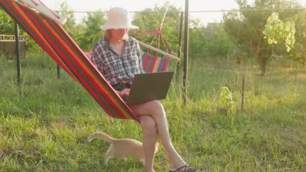 Young Woman Working Laptop While Lying Hammock Garden Self Isolation — Stok video