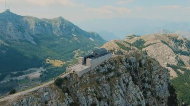 Montenegro. Lovcen National Park. Drone. Aerial view. Viewpoint. Popular tourist attraction. Flight over Negosh Mausoleum on Mount Lovcen. The camera moves forward