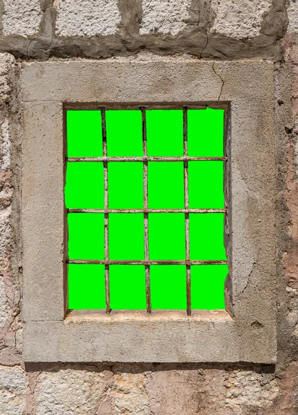 Building Facade Window Metal Bars Croma Key Green Background Architectural — Foto de Stock