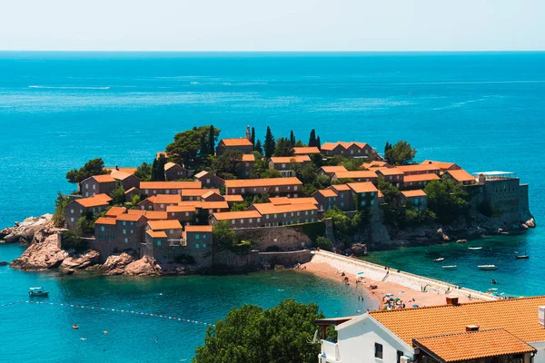 Montenegro Adriatische Zee Eiland Strand Van Sveti Stefan Zomer Zonnig — Stockfoto