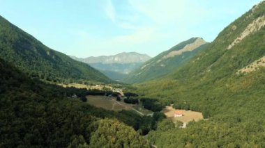 Montenegro. Prokletiye National Park. Summer. Mountain green valley. Popular tourist spot. Drone. Aerial view. The camera moves down